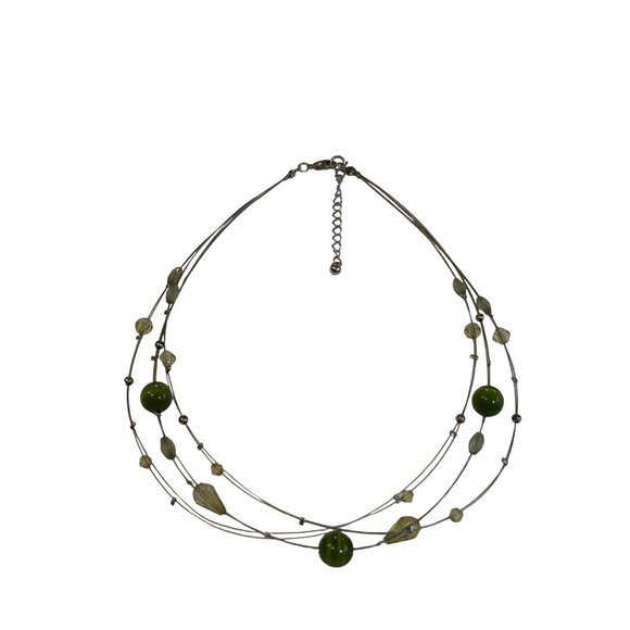 Green Cat's Eye Beaded Multi-Strand Necklace 15 - 17 inches Long - Picture 1 of 8